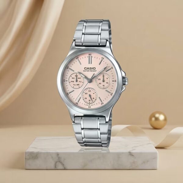 Casio ladies watch with pink dial, silver stainless steel bracelet, multifunction subdials and water-resistant design