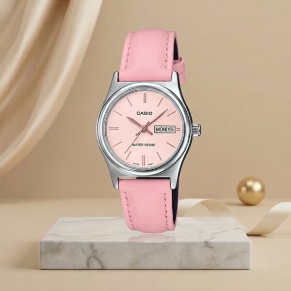 Casio LTP-V006L-4B women's watch with pink dial, matching pink leather strap, day-date display and water-resistant design