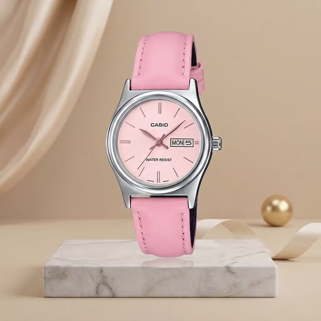 Casio LTP-V006L-4B women's watch with pink dial, matching pink leather strap, day-date display and water-resistant design