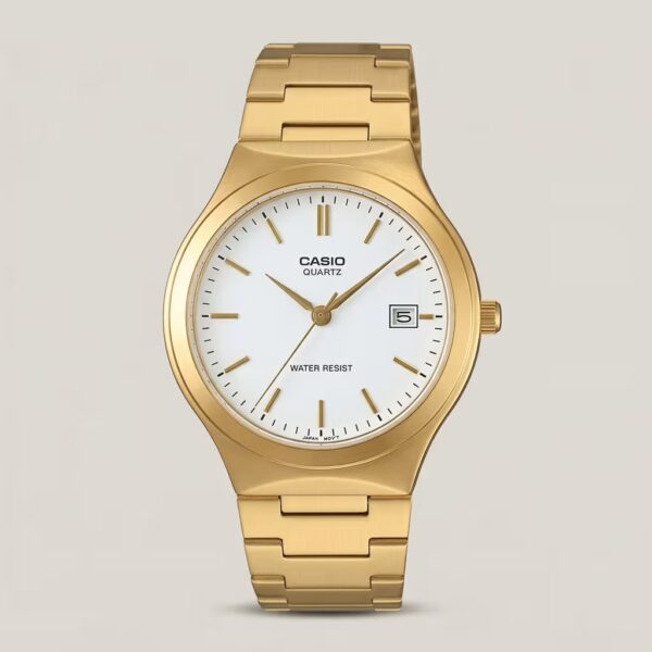 Casio MTP-1170N-7AR men's gold-tone watch with white dial, stainless steel bracelet, date display and water-resistant design