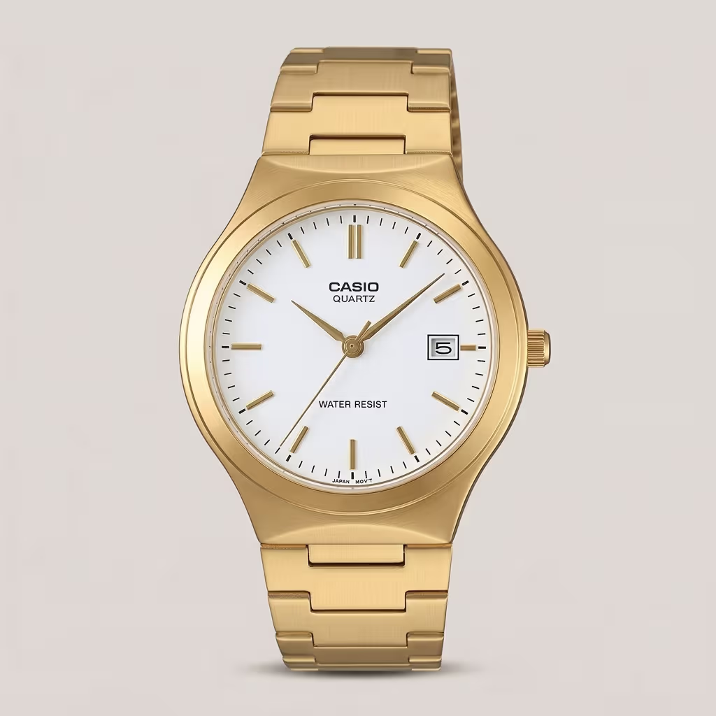 Casio MTP-1170N-7AR men's gold-tone watch with white dial, stainless steel bracelet, date display and water-resistant design