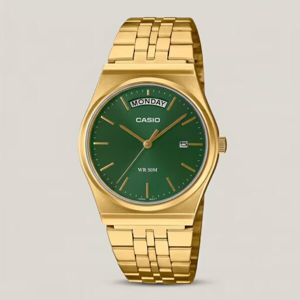 Casio MTP-B146G-3AV men's gold-tone stainless steel watch with green dial, day-date display and 50M water resistance