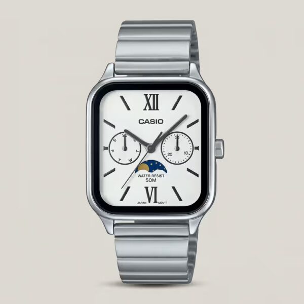 Casio MTP-M305D-7A2 stainless steel watch with silver-white dial, moon phase, day and date subdials – men’s elegant analog timepiece.