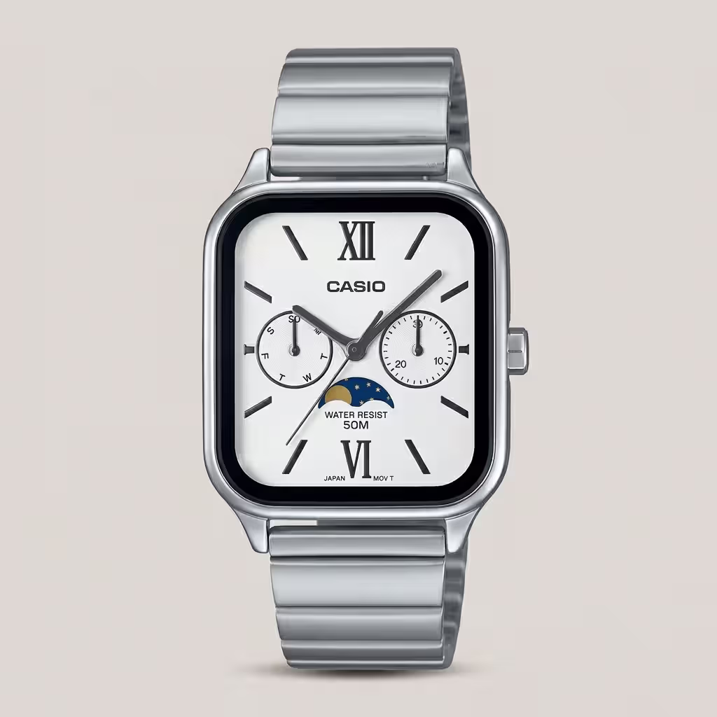 Casio MTP-M305D-7A2 stainless steel watch with silver-white dial, moon phase, day and date subdials – men’s elegant analog timepiece.