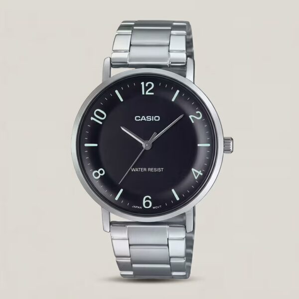 Casio MTP-VT03D-1B men's stainless steel watch with black dial, minimalist analog design and water-resistant.