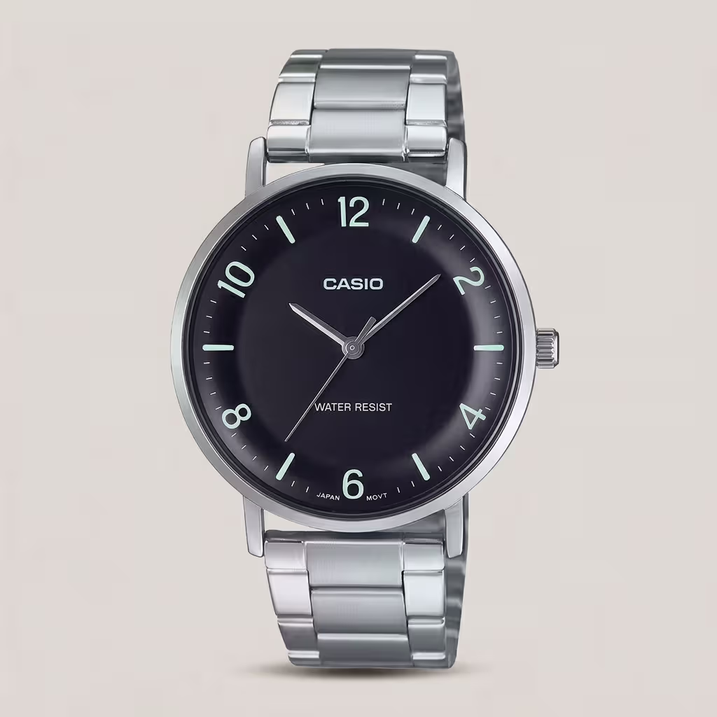 Casio MTP-VT03D-1B men's stainless steel watch with black dial, minimalist analog design and water-resistant.