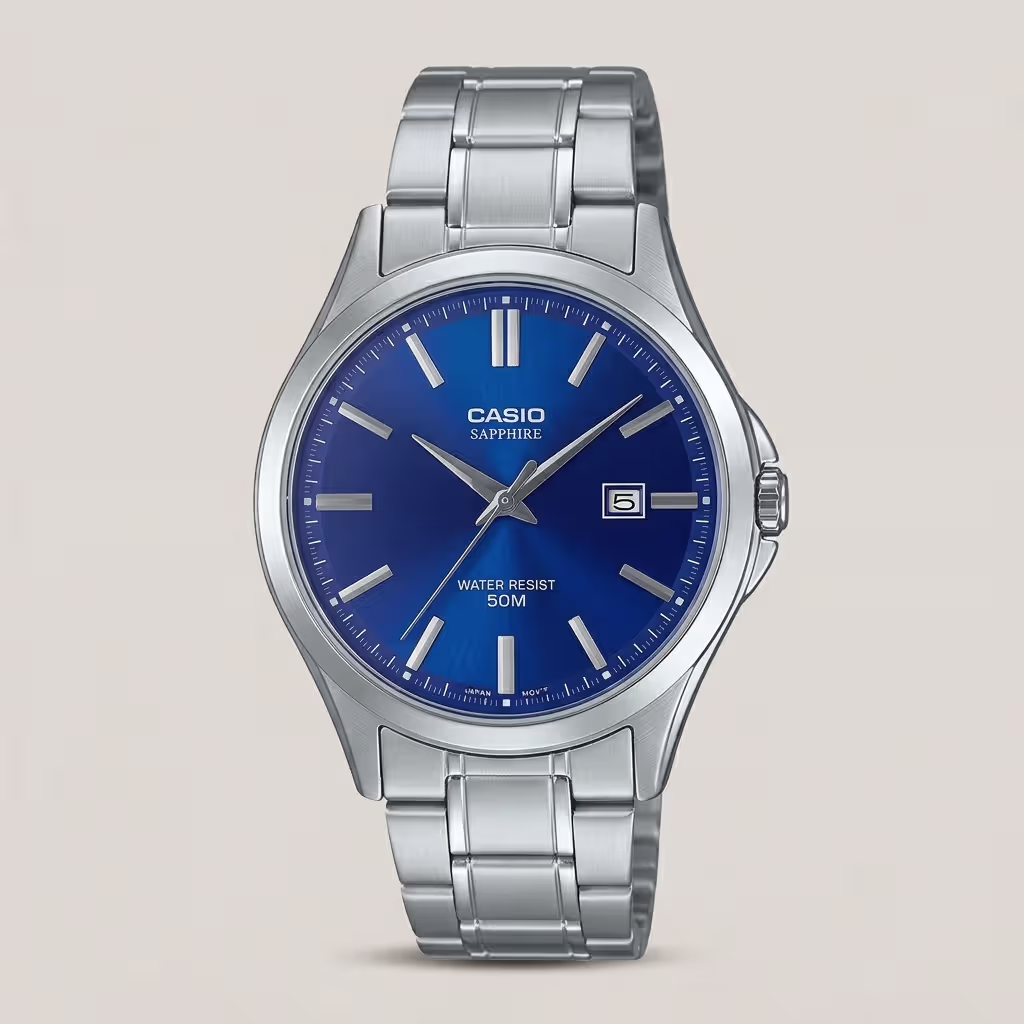 Casio MTS-115D-2A1V ladies watch with blue dial, sapphire crystal and stainless steel band