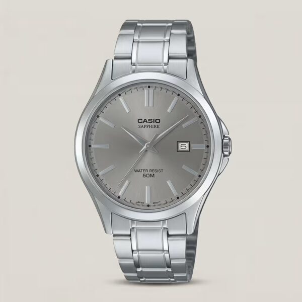 Casio MTS-115D-8AV men's stainless steel watch with silver dial, Sapphire Crystal, date display and 50M water resistance