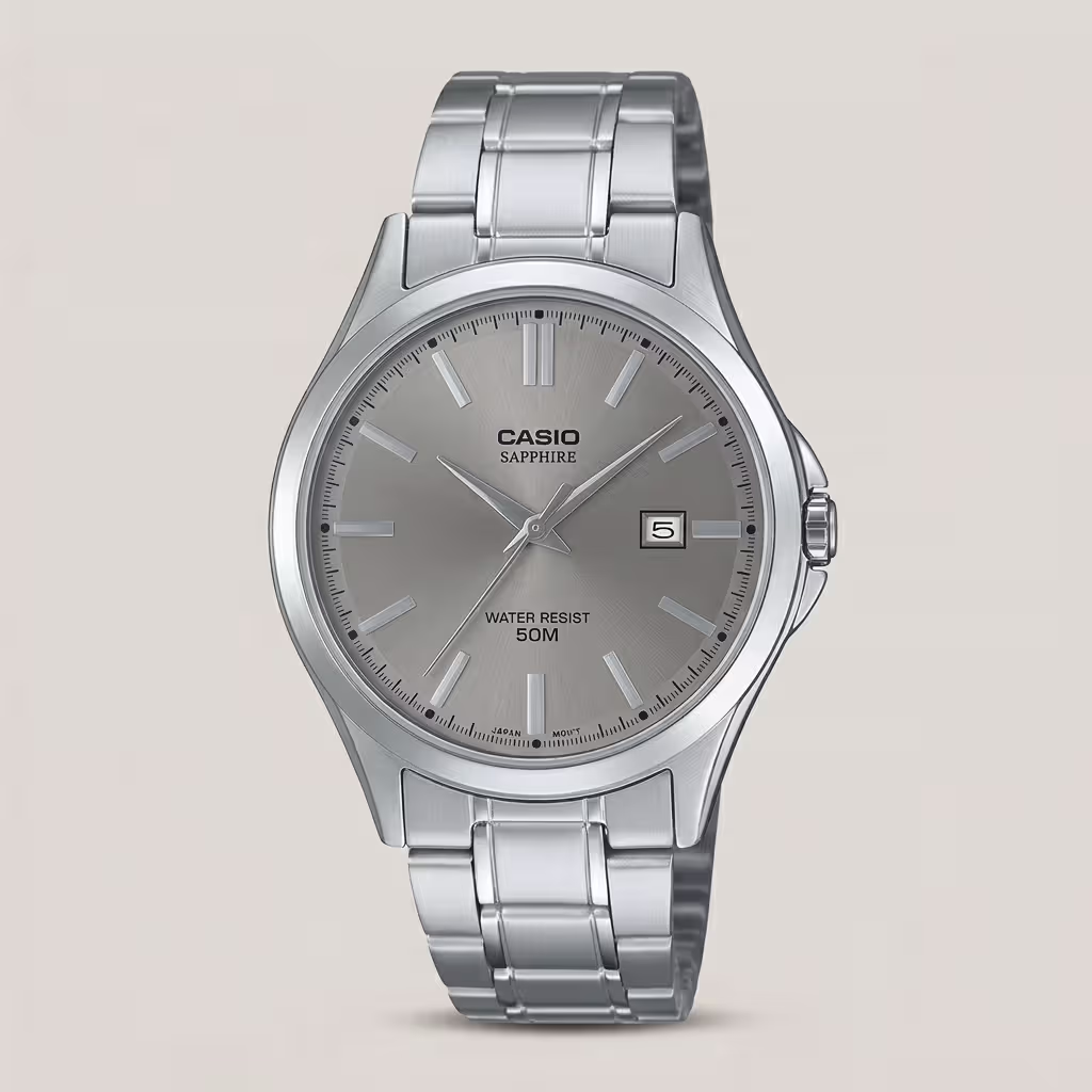 Casio MTS-115D-8AV men's stainless steel watch with silver dial, Sapphire Crystal, date display and 50M water resistance
