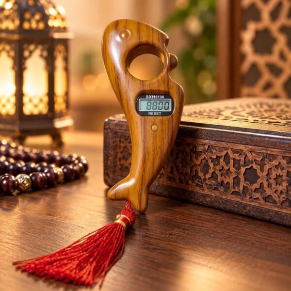 Camel wood-grain fish-shaped digital Zikr counter with LCD display and red tassel