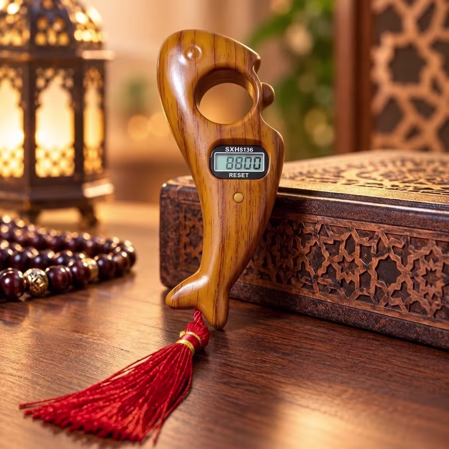 Camel wood-grain fish-shaped digital Zikr counter with LCD display and red tassel