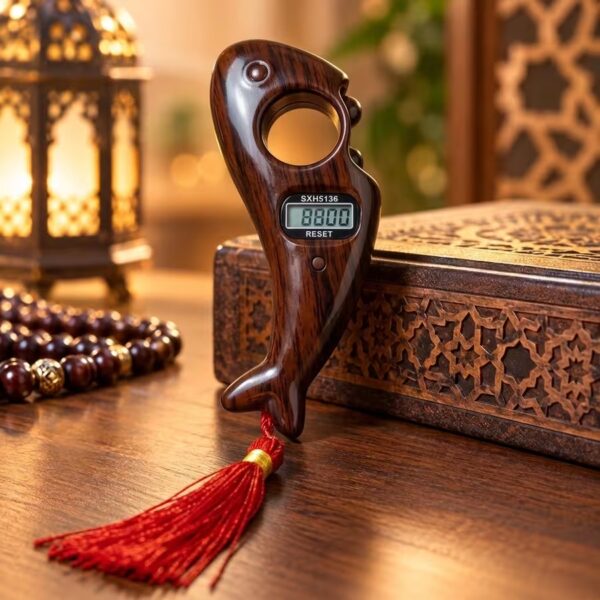 Polished dark brown wood-grain fish-shaped digital Tasbeeh counter with LCD display and decorative tassel
