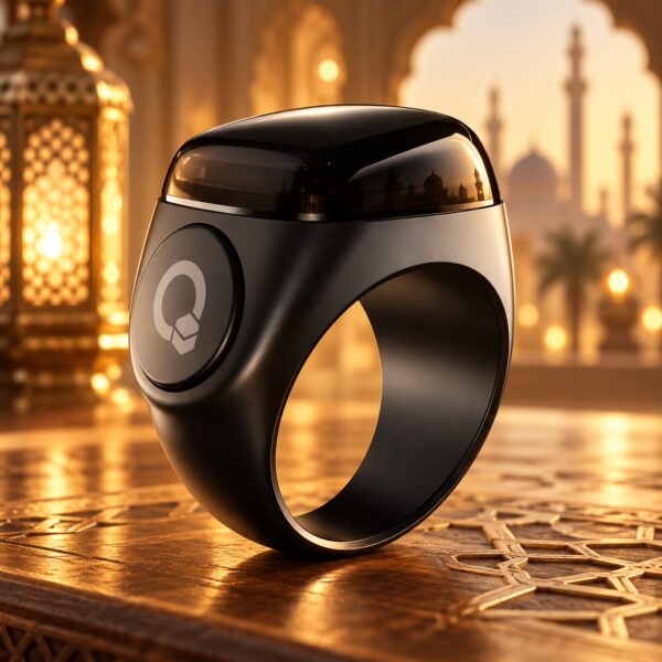 iQibla Zikr Ring Noor in midnight black with digital Tasbih counter, Bluetooth connectivity and prayer reminders.