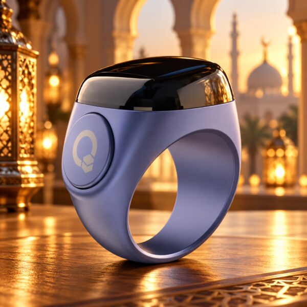 iQibla Zikr Ring Noor in slate blue with smart digital Dhikr counting, OLED display and rechargeable battery.
