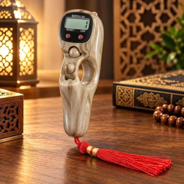 Beige wood-grain LED Digital Tasbeeh Counter with finger grip, 5-digit LCD display and red tassel.