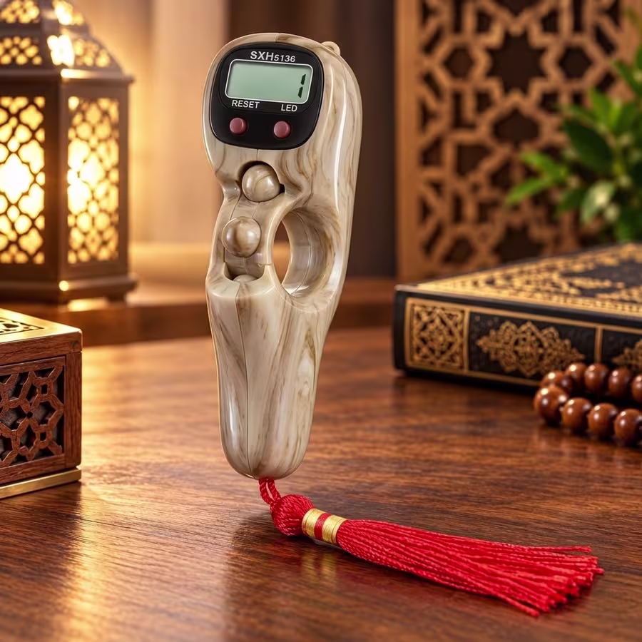 Beige wood-grain LED Digital Tasbeeh Counter with finger grip, 5-digit LCD display and red tassel.