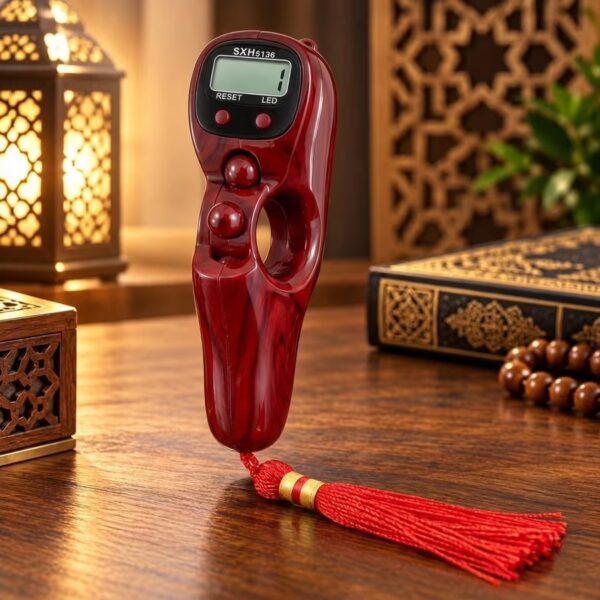 Burgundy red wood-grain digital Zikr counter with LCD screen, LED function and ergonomic finger grip.