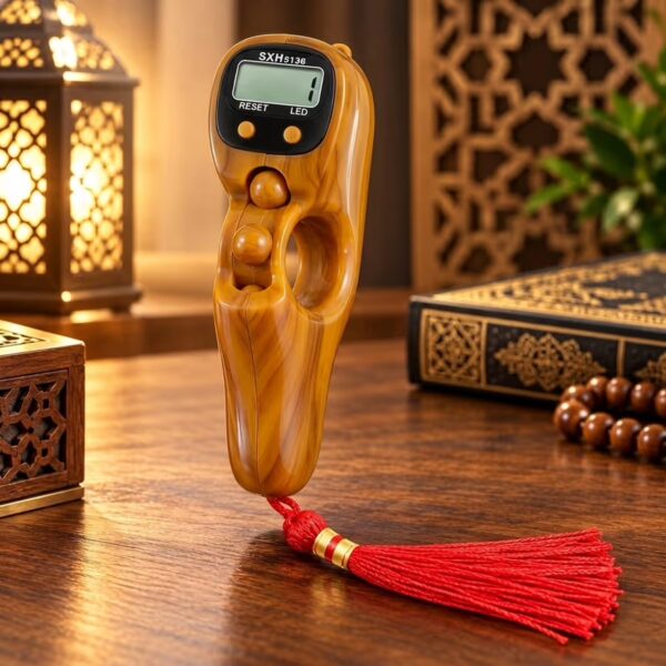 Camel wood-grain electronic Tasbeeh counter with LED backlight, digital LCD screen and decorative red tassel.