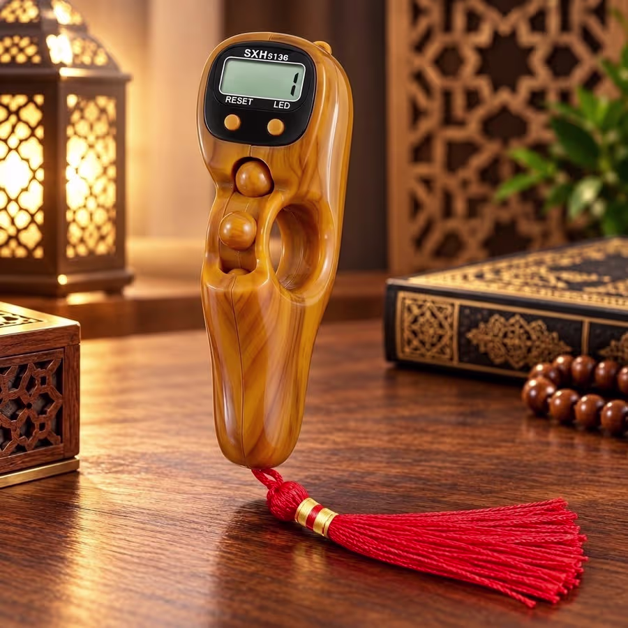 Camel wood-grain electronic Tasbeeh counter with LED backlight, digital LCD screen and decorative red tassel.
