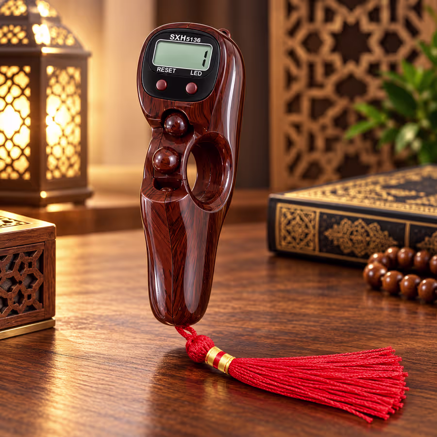Dark brown wood-grain LED Digital Tasbeeh Counter with LCD display, finger grip and red tassel.