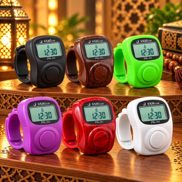 PSL 311 - 8-channel digital Tasbeeh counter with clock available in black, brown, green, purple, red and white.