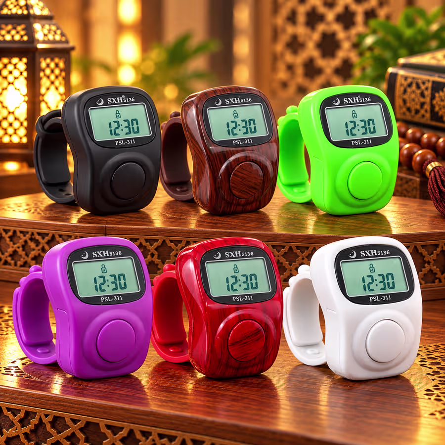 PSL 311 - 8-channel digital Tasbeeh counter with clock available in black, brown, green, purple, red and white.