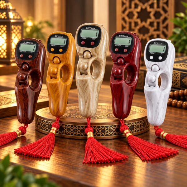 LED Digital Tasbeeh Counter available in five wood-grain colors with LCD display, finger grip and decorative tassels.