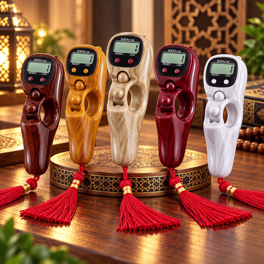 LED Digital Tasbeeh Counter available in five wood-grain colors with LCD display, finger grip and decorative tassels.