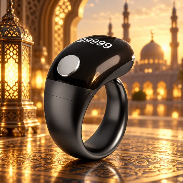 Black Smart Digital Tasbeeh Ring SXH5136 with electronic Zikr counter and OLED display for daily Dhikr in Pakistan.