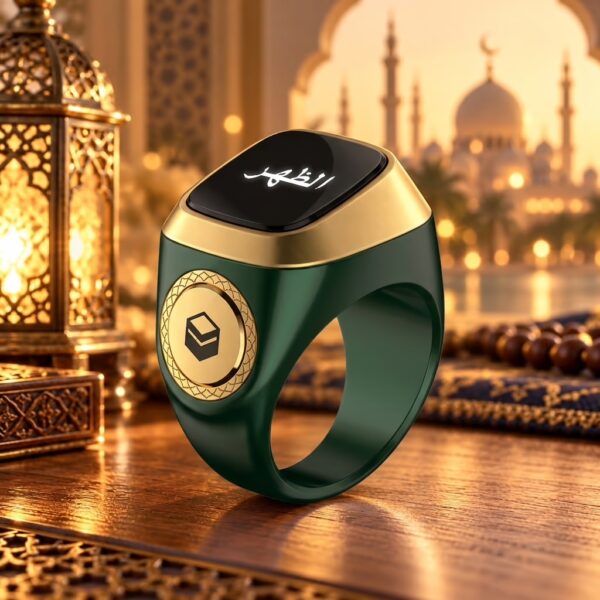 Smart Zikr Ring Lite S Green and Gold Digital Tasbih Counter with Prayer Reminders