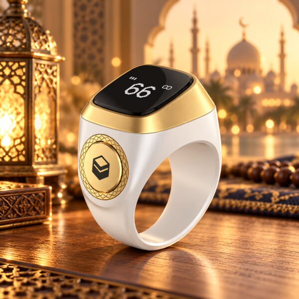 Smart Zikr Ring Lite S White and Gold Digital Tasbih Counter with OLED Display